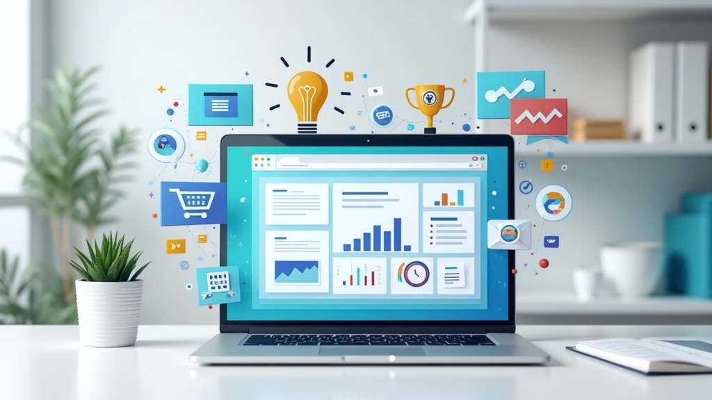 Digital toolkit for online business: laptop, analytics, ecommerce, hosting, and automation icons on a clean desk.